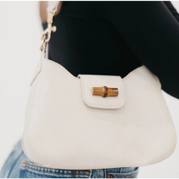 Pretty Simple Cream Vegan Leather Bamboo Shoulder Bag - Picture 13 of 14